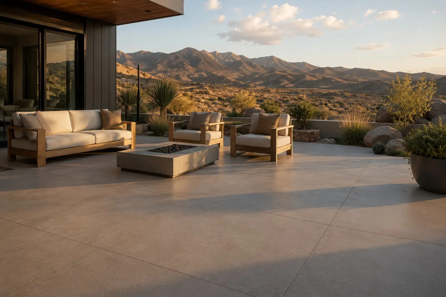Conceptual rendering of a Concrete-look porcelain pavers on a modern patio