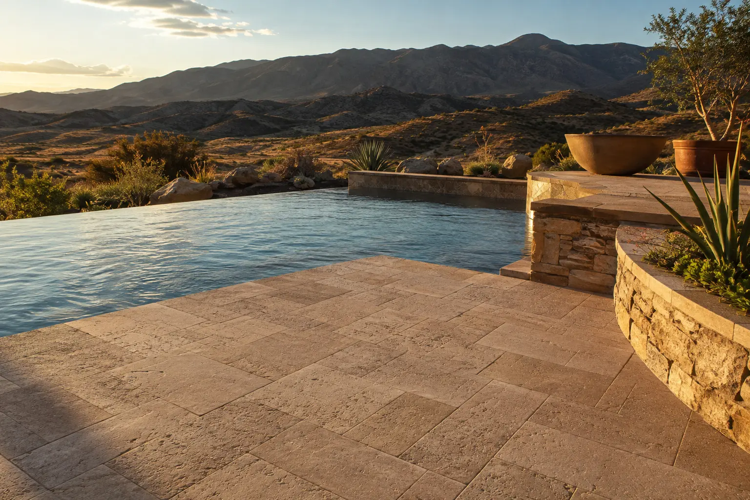 Conceptual rendering of a Honed travertine pool deck pavers beside a backyard pool