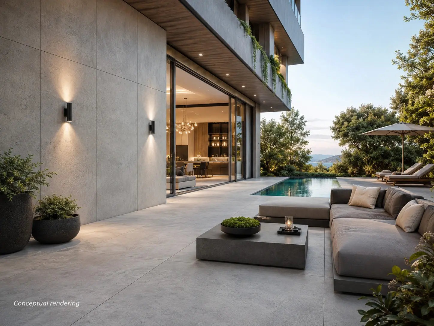 Conceptual rendering of a porcelain exterior patio