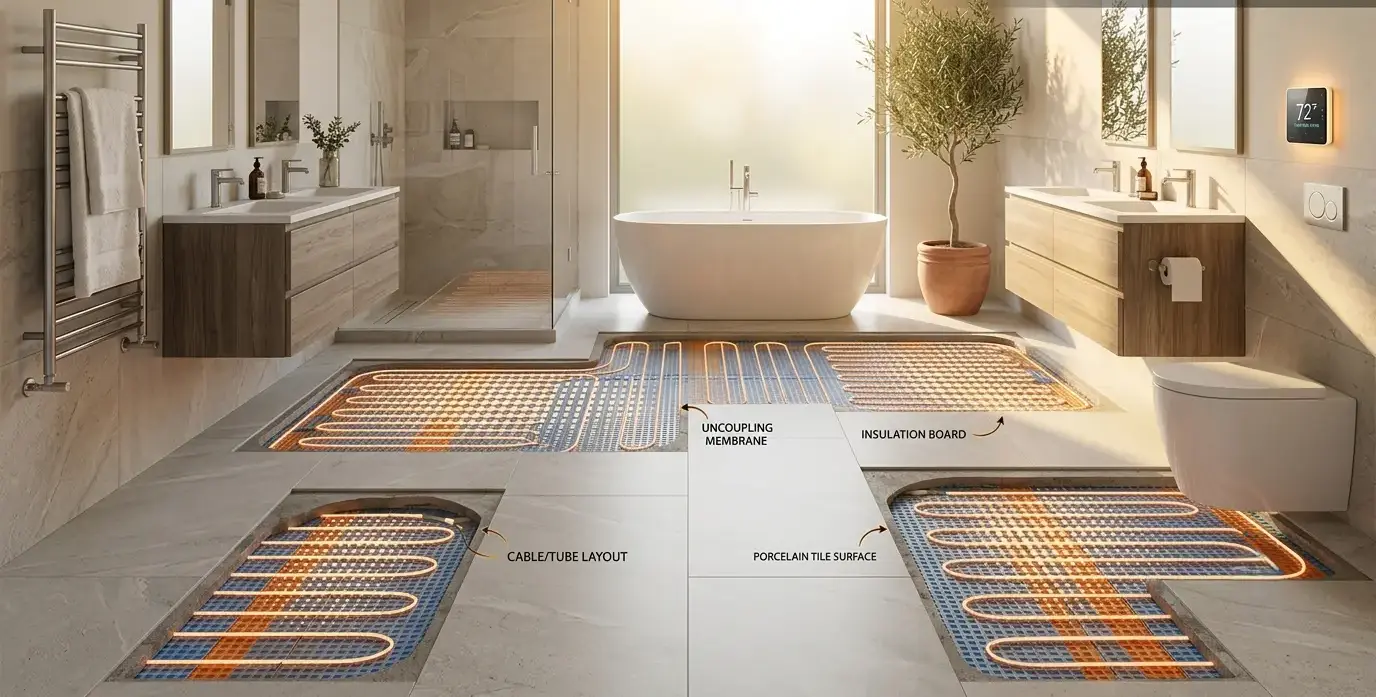 Conceptual rendering of a Radiant Floor Heating layout under porcelain tile in a bathroom