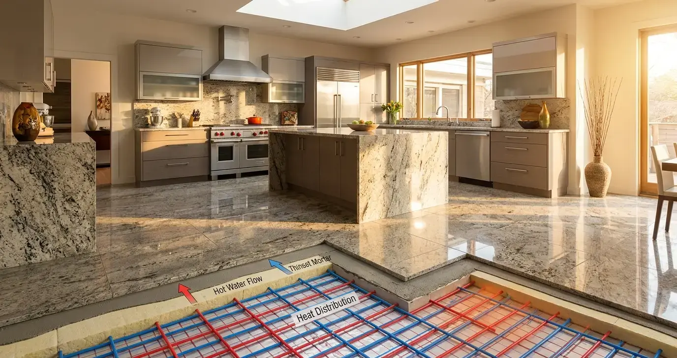 Conceptual rendering of a Radiant Floor Heating system beneath granite flooring in a modern kitchen