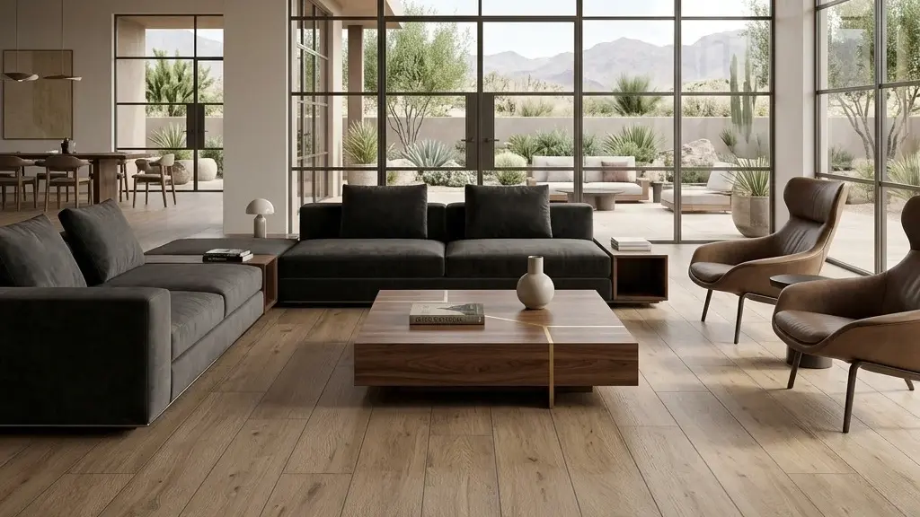 Conceptual rendering of wood-look porcelain tile flooring in a living area.