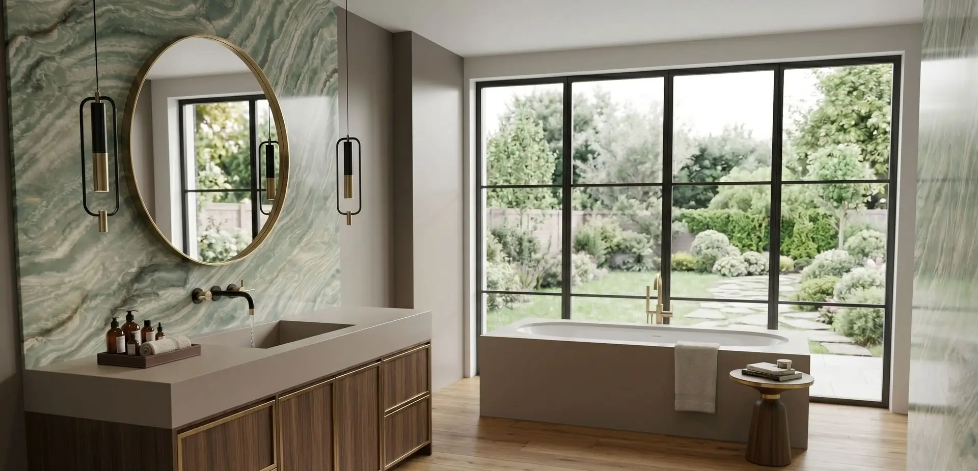 Conceptual rendering of green semi-precious stone in bathroom