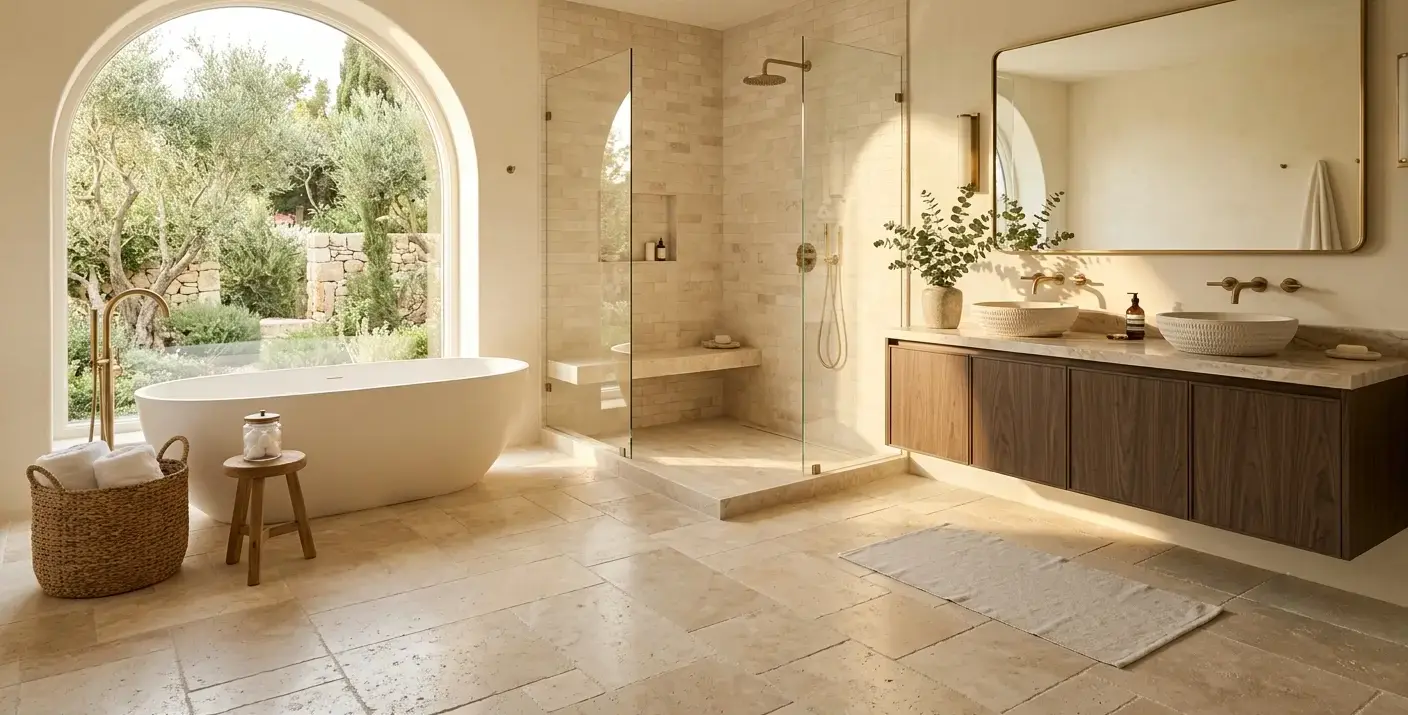 Conceptual rendering of a best flooring for allergies natural stone bathroom floor with matte finish