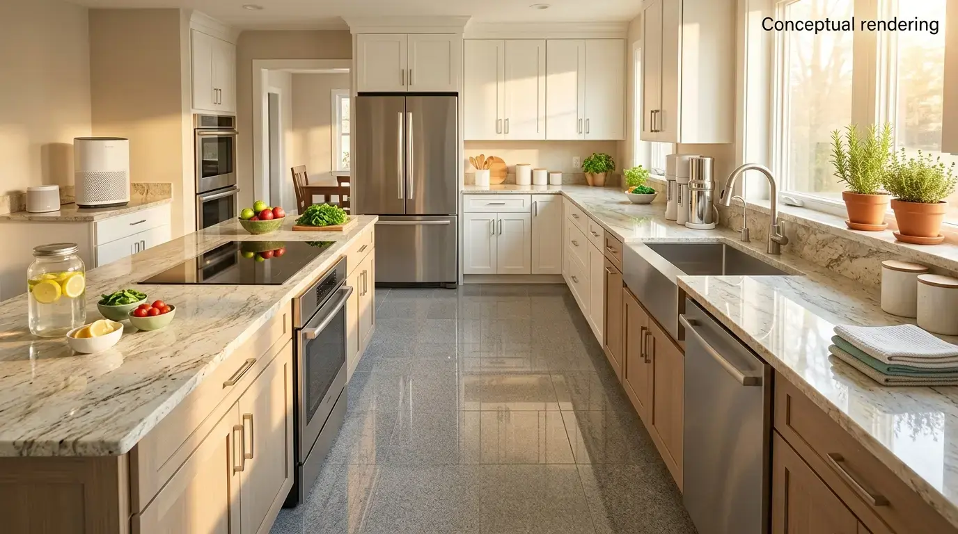 Conceptual rendering of a best flooring for allergies granite slab kitchen countertop pairing