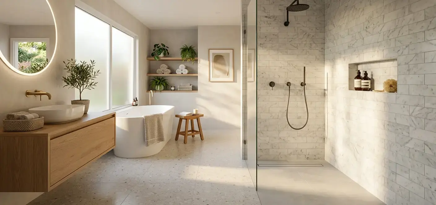 Conceptual rendering of a curbless shower with marble accent tile on the shower wall 