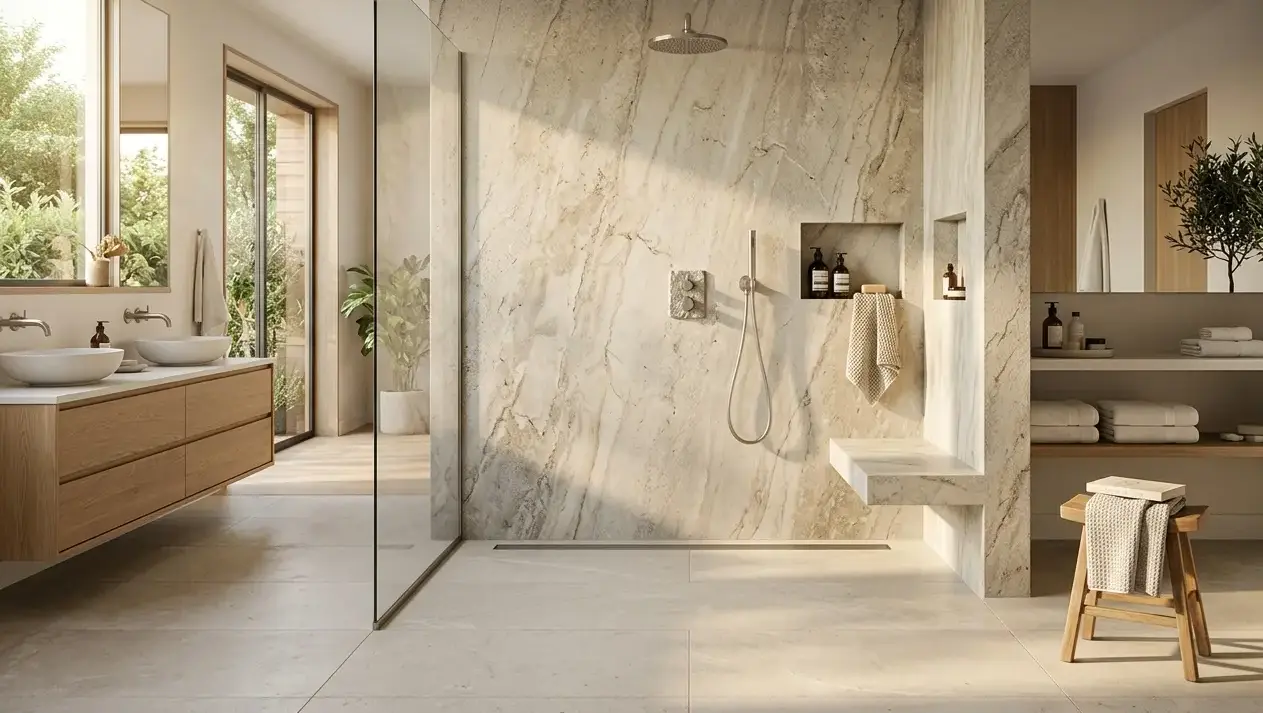 Conceptual rendering of a curbless shower with a linear drain and honed quartzite wall