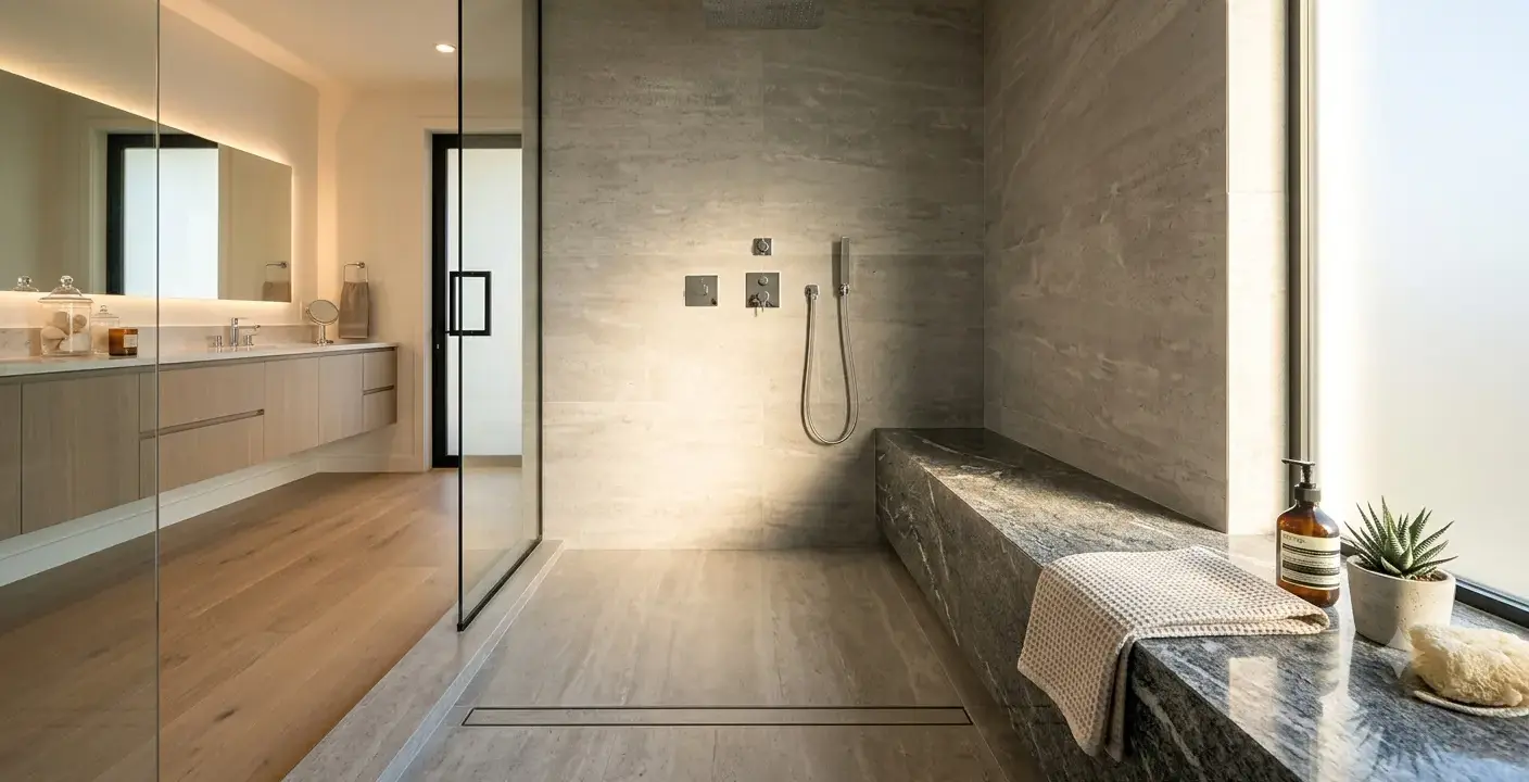Conceptual rendering of a curbless shower featuring a granite slab bench