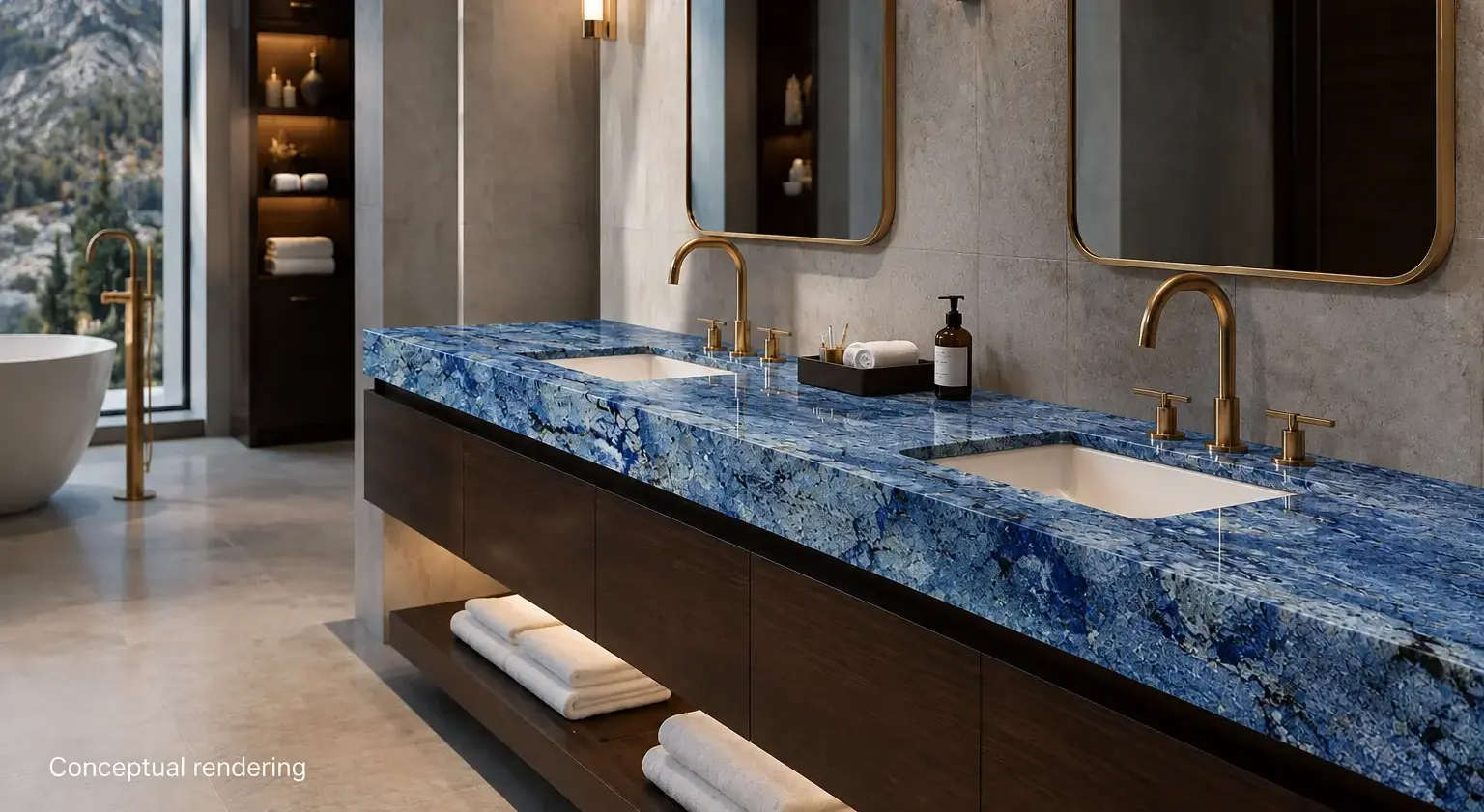 Conceptual rendering of luxury modern bathroom in Stateline, NV with a blue granite vanity countertop