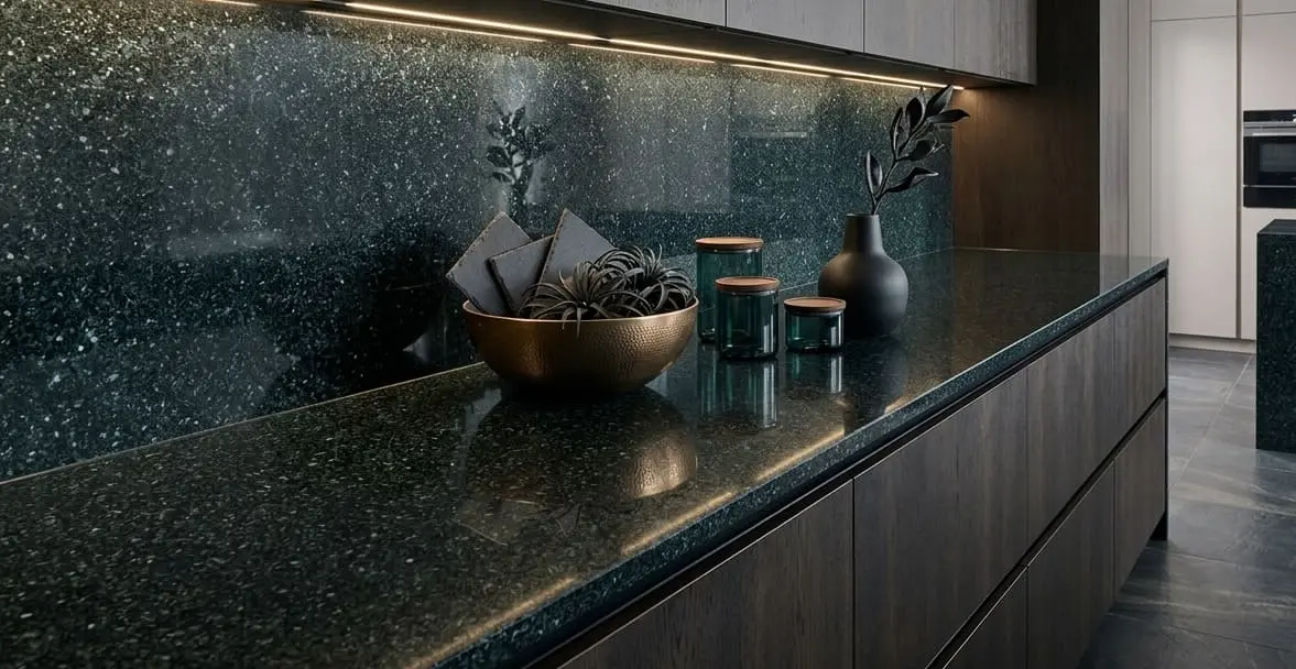 Conceptual rendering of kitchen design with sleek jet black granite countertops and backsplash in Stateline, NV