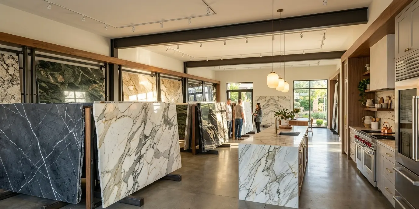 Conceptual rendering of polished natural stone slabs displayed in a showroom with dramatic veining patterns