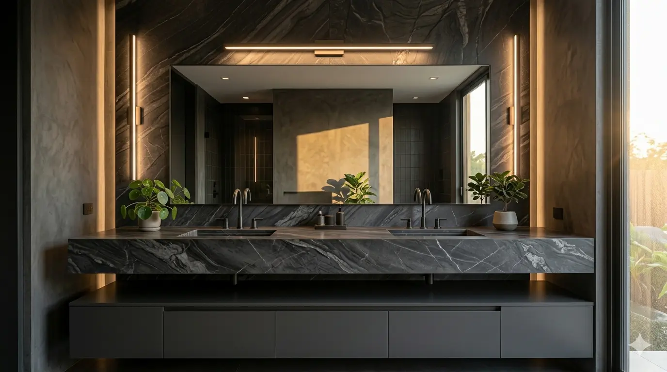 Conceptual rendering of dark gray marble honed bathroom vanity countertop in dramatic spa-inspired setting at Reno, NV