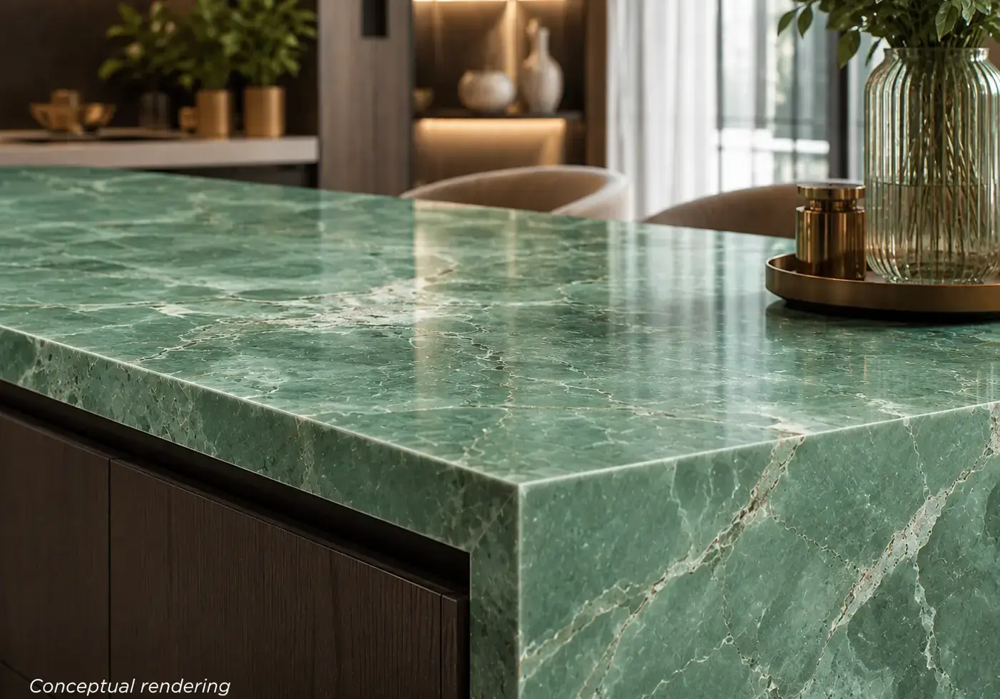 Conceptual rendering of kitchen featuring a polished green quartz countertop with elegant veining in Reno, NV