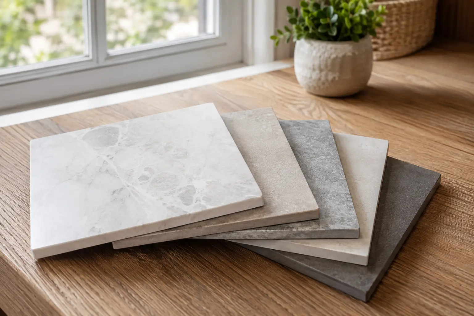 Conceptual rendering of a Porcelain and ceramic tile samples fanned out near a sunlit window.