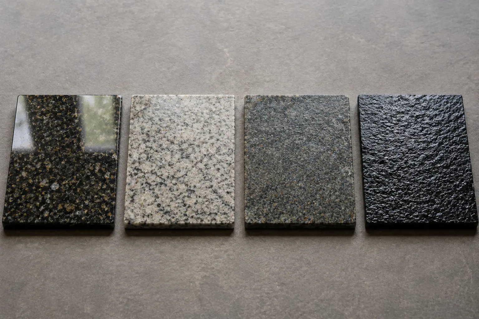 Polished, honed, leathered, and specialty granite finish samples side by side.
