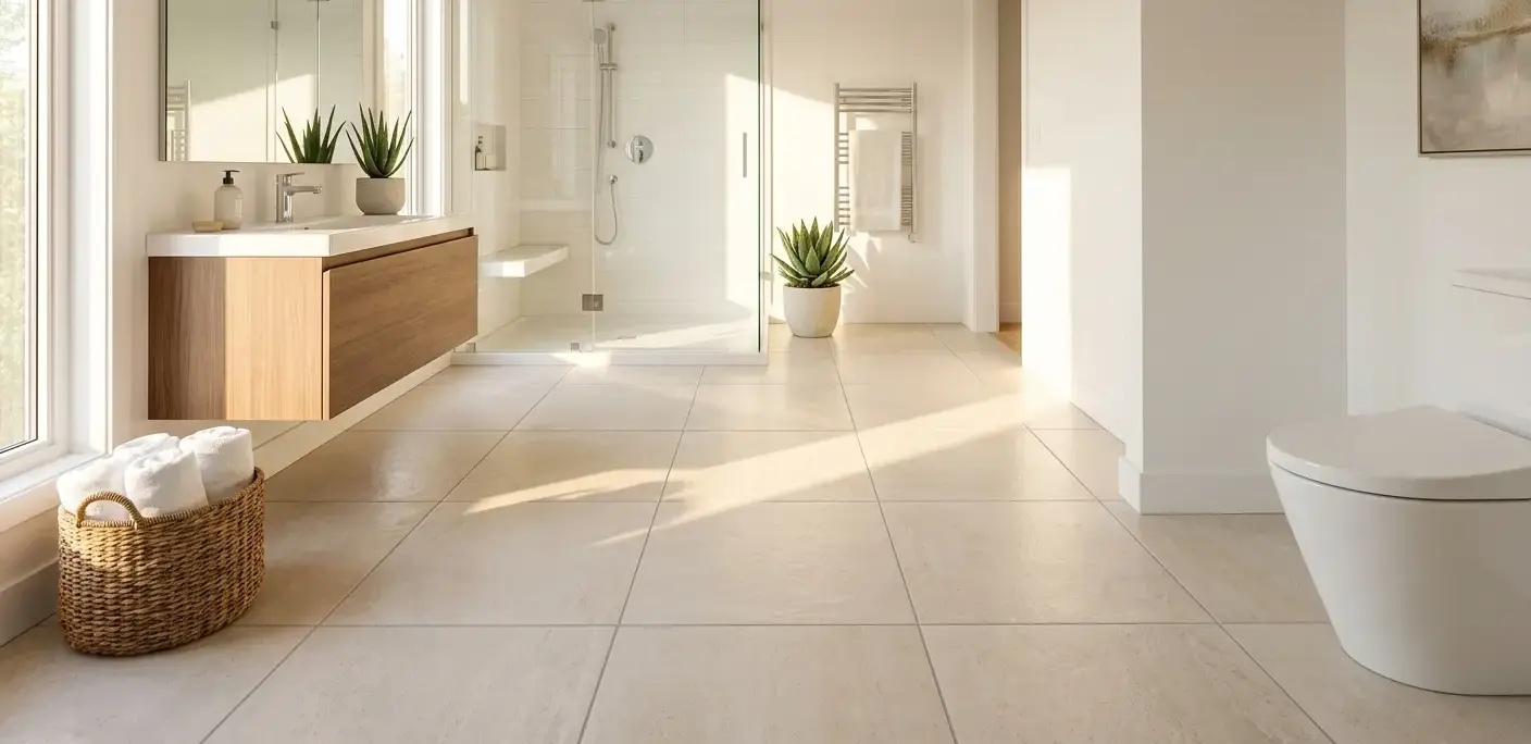 Conceptual rendering of a clean bathroom floor after removing hard water stains on tiles