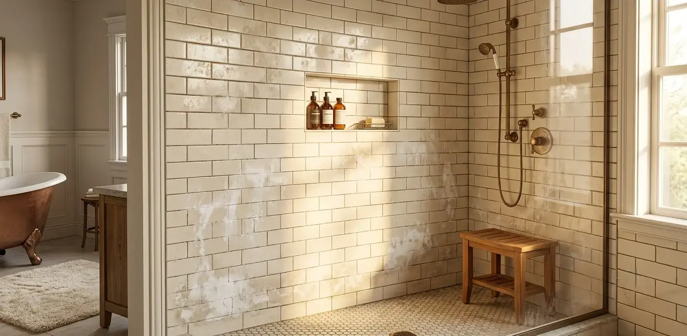 Conceptual rendering of a Wadsworth bathroom shower wall with hard water stains on tiles before cleaning