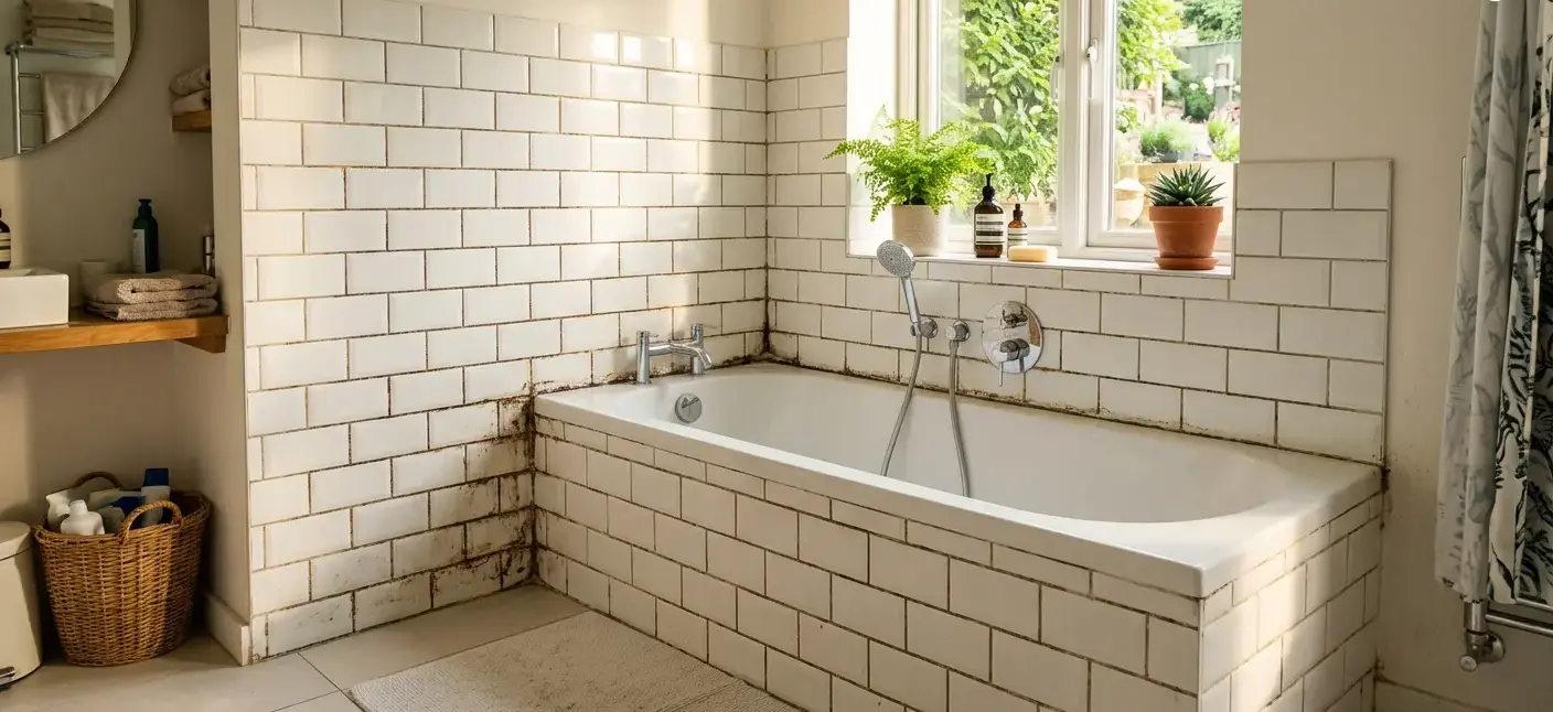 Conceptual rendering of grout lines showing mineral buildup near a tub surround