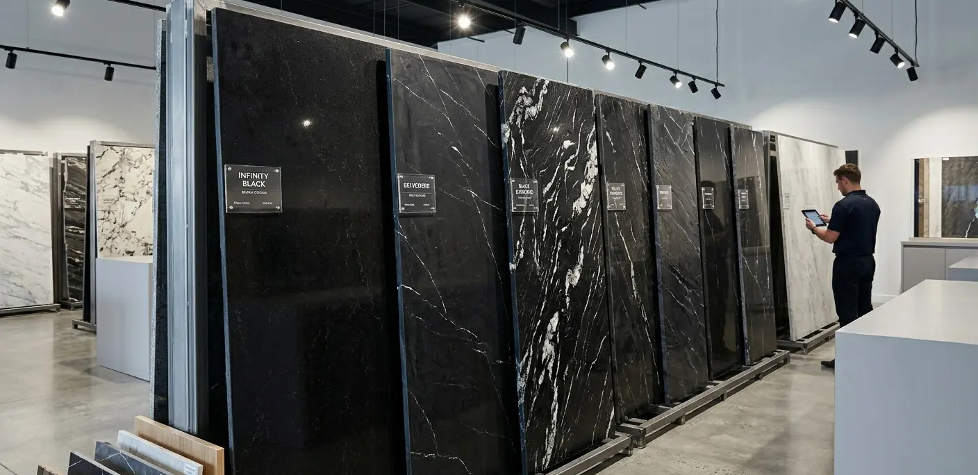 Conceptual rendering of a black granite displayed at showroom