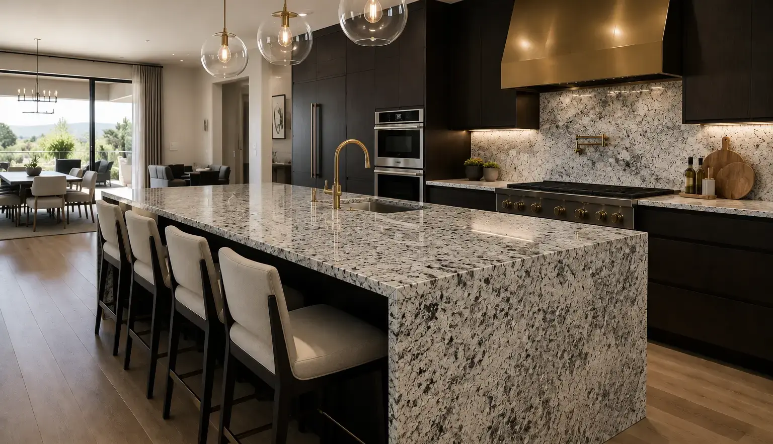 Conceptual rendering of a granite waterfall-edge kitchen island countertop