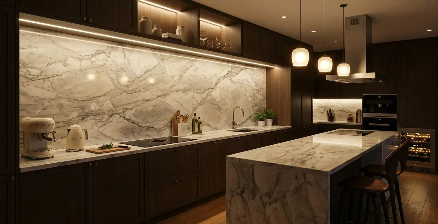 Conceptual rendering of a quartz kitchen island countertop and backsplash