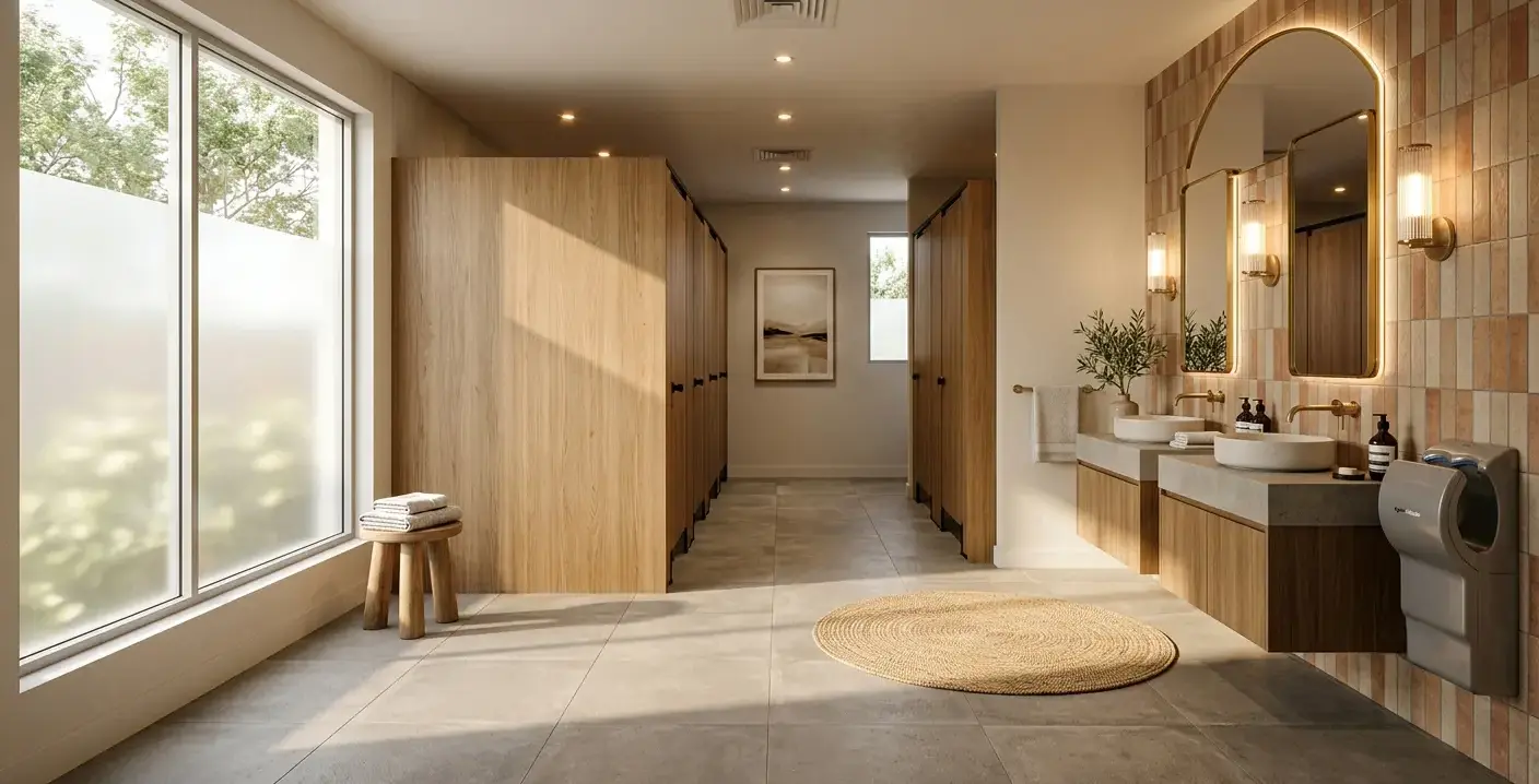 Conceptual rendering of a commercial interior design restroom with matte porcelain tile flooring