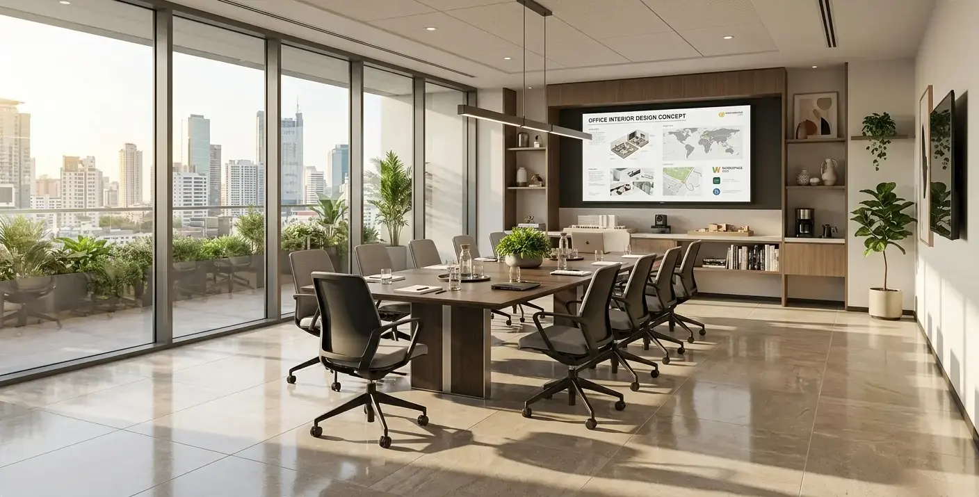 Conceptual rendering of a commercial interior design conference room with porcelain tile flooring