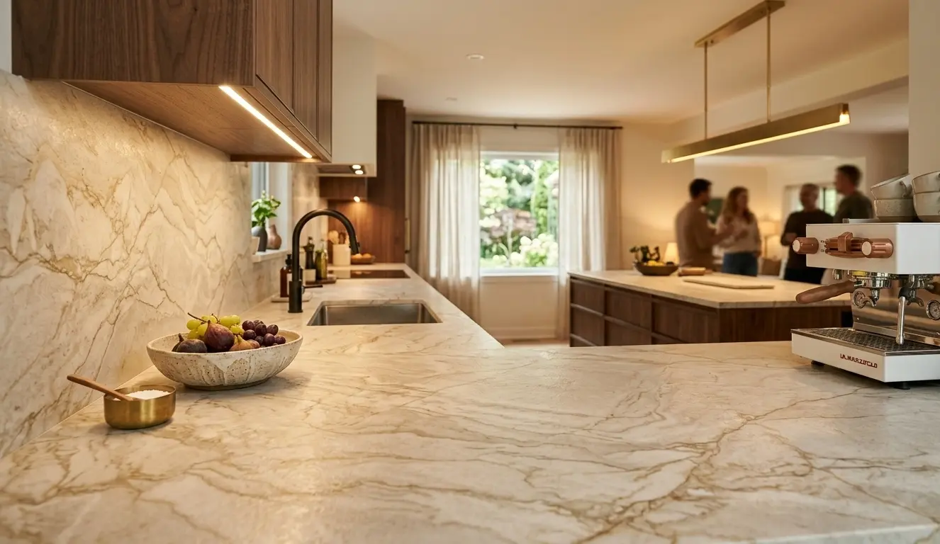 Conceptual rendering of leathered taj mahal quartzite in kitchen countertop