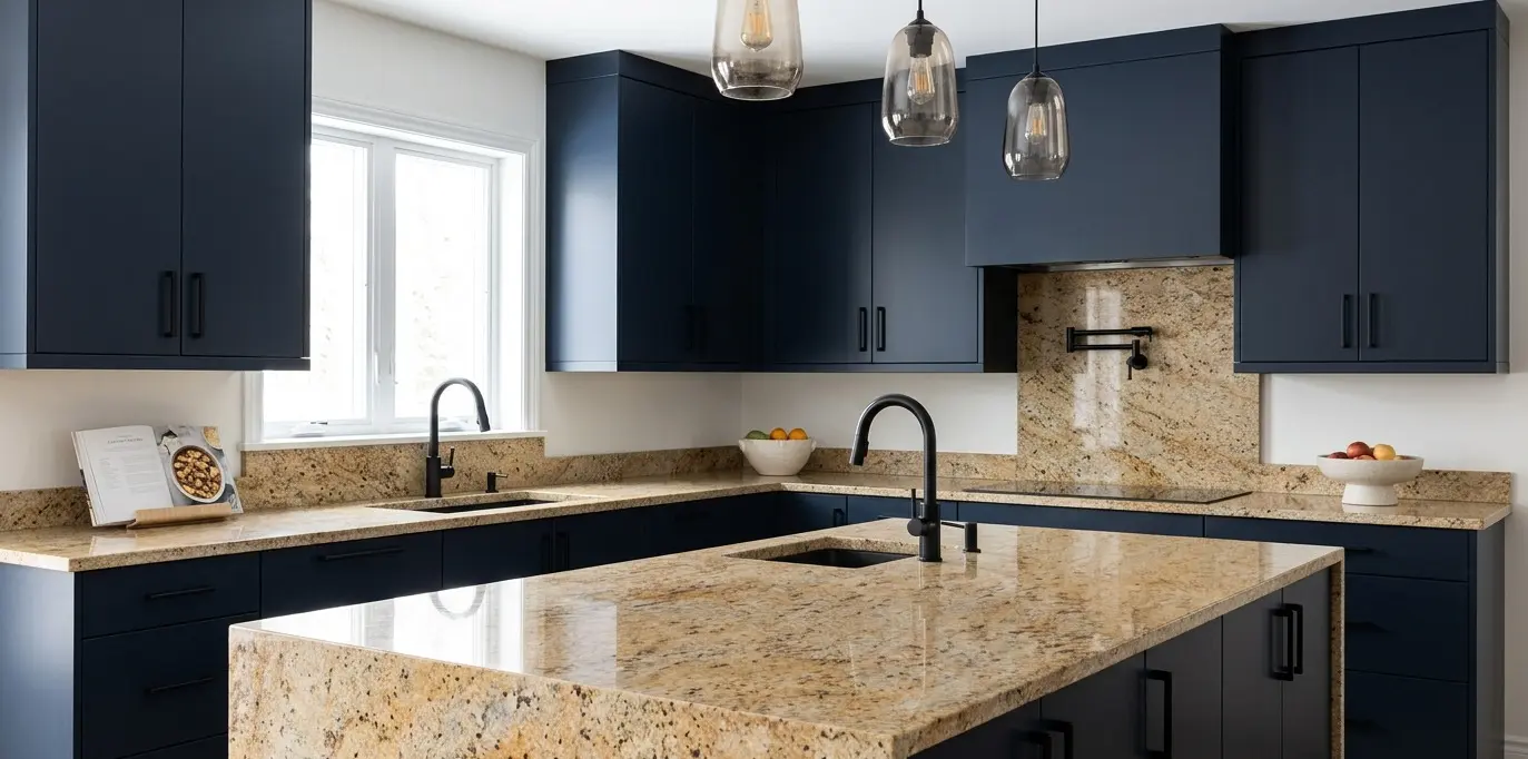 Conceptual rendering of gold granite in kitchen with dark cabinets