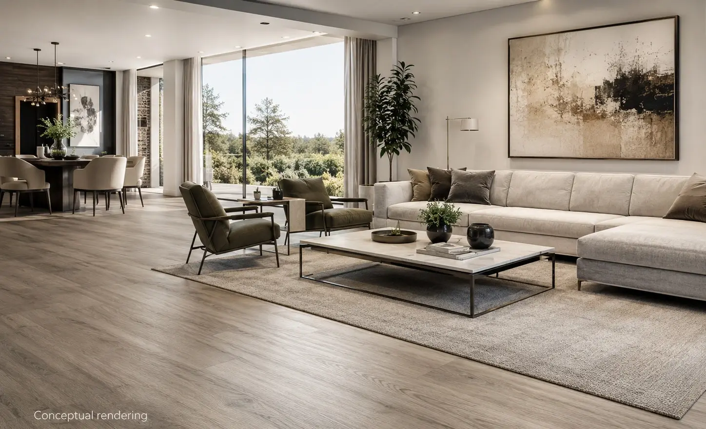 Conceptual rendering of luxury modern interior in Tahoe City, CA with wide-plank LVP flooring
