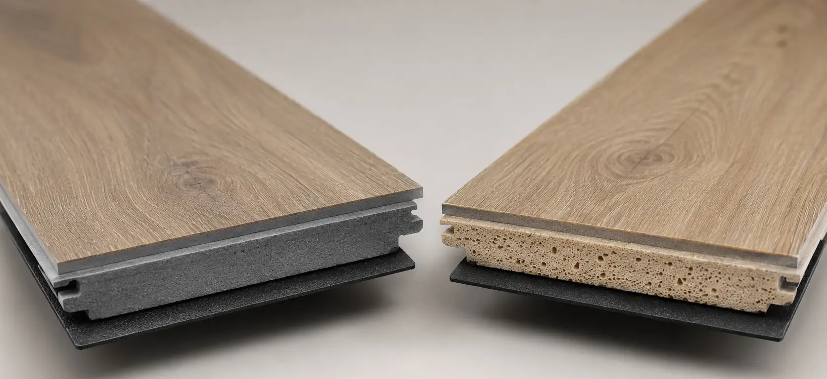 Conceptual rendering of LVP flooring planks side by side showing SPC and WPC core cross-sections
