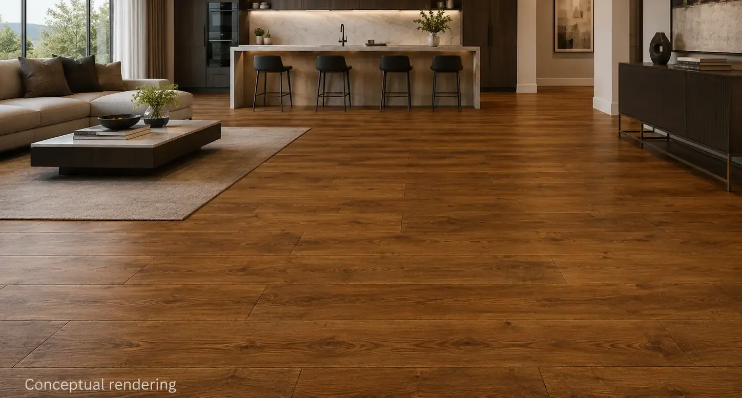 Conceptual rendering of luxury modern interior with engineered hardwood flooring at Tahoe City, CA
