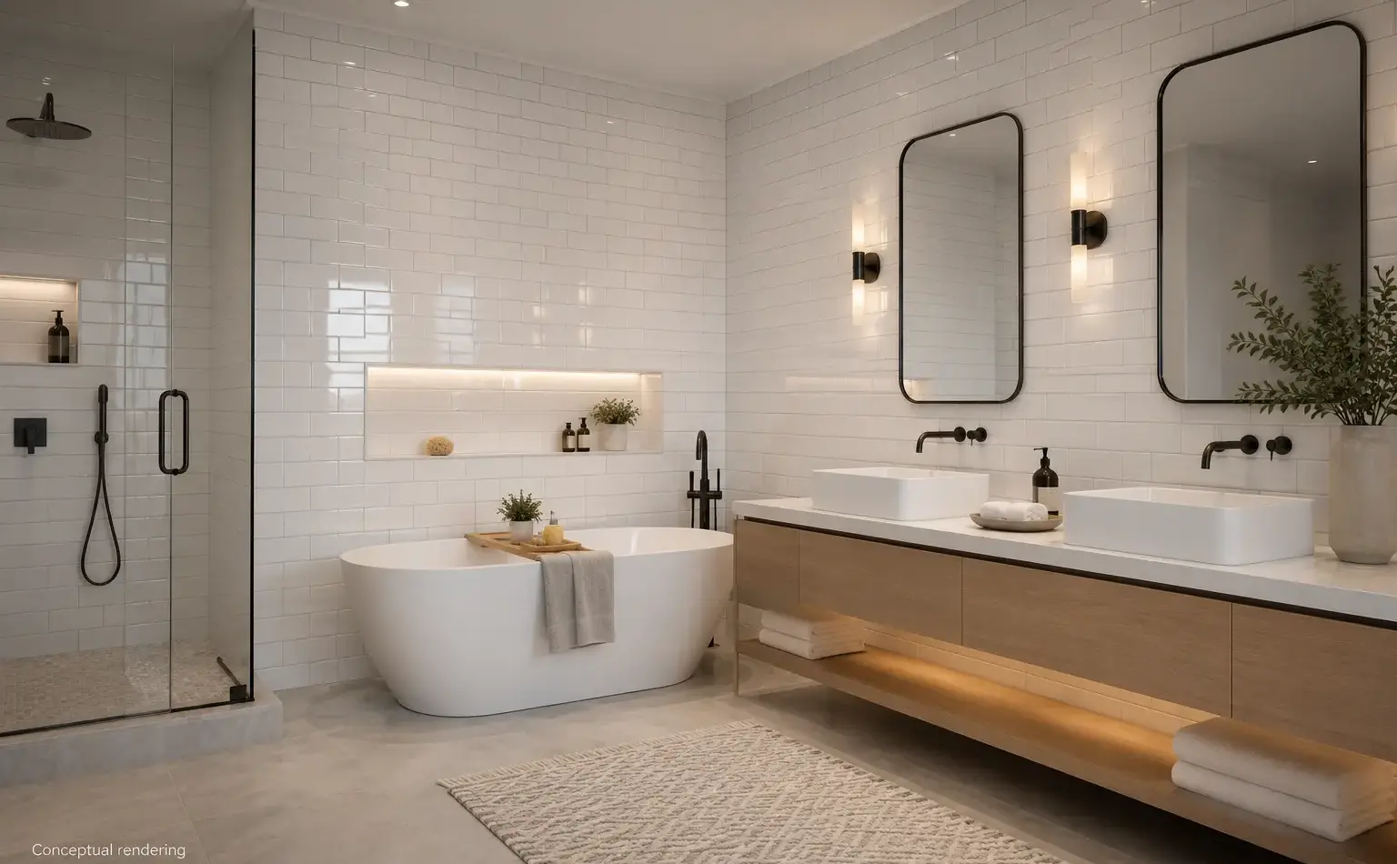 Conceptual rendering of white subway tile in a luxury modern bathroom interior in Carson City