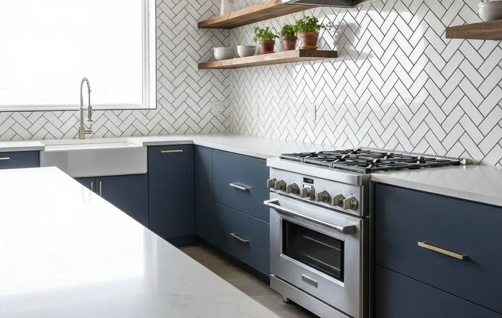 Conceptual rendering of budget-friendly white subway tiles with black grout creating expensive-looking graphic kitchen backsplash in Carson City