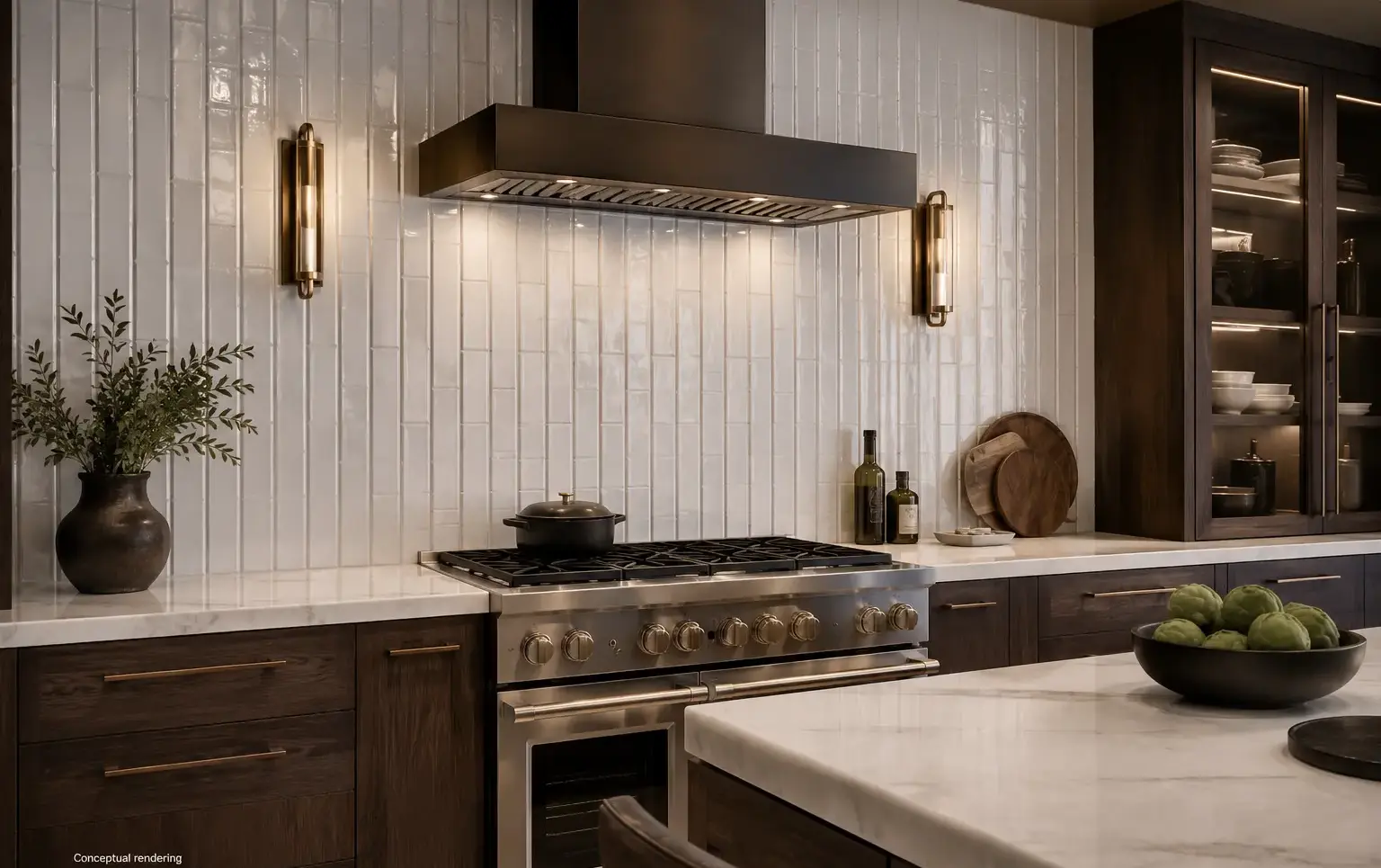 Conceptual rendering of white beveled subway tile backsplash in vertical pattern with contrasting pencil liner in luxury modern kitchen at Carson City