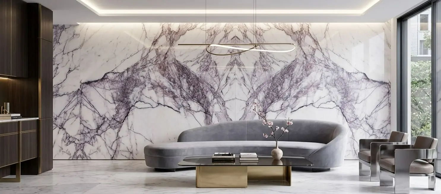 Conceptual rendering of a lilac marble accent wall
