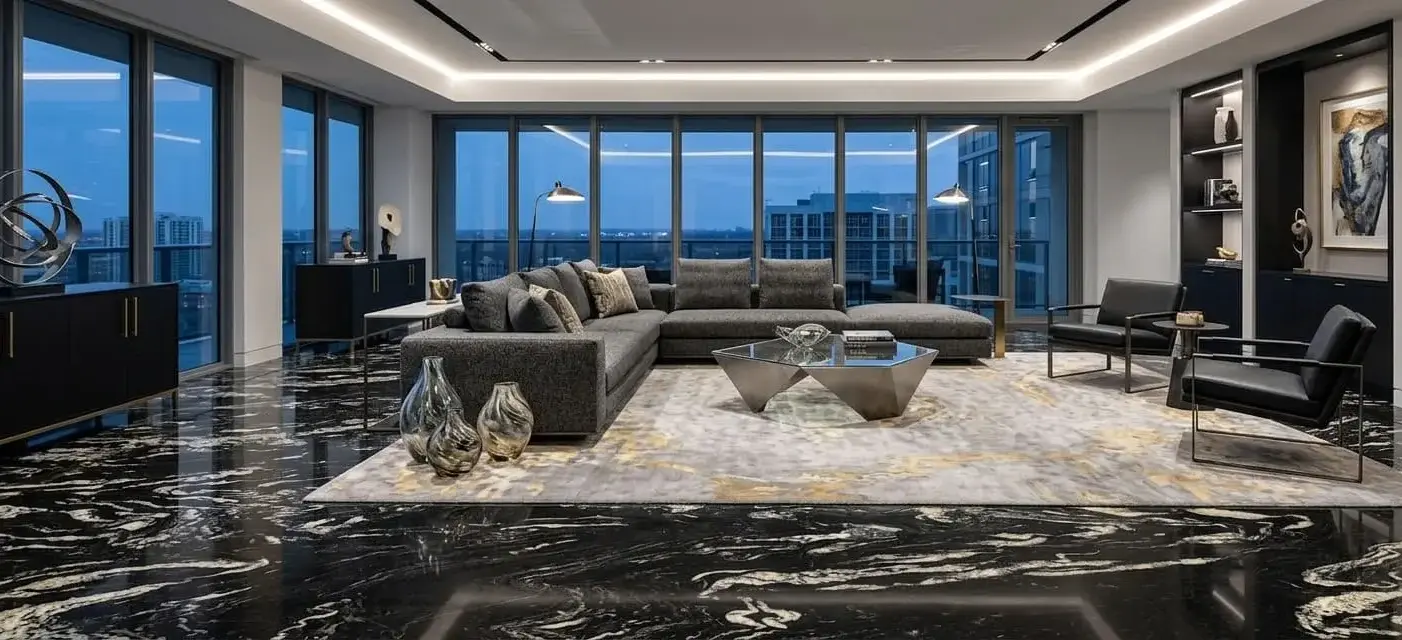 Conceptual rendering of a marble flooring in living room