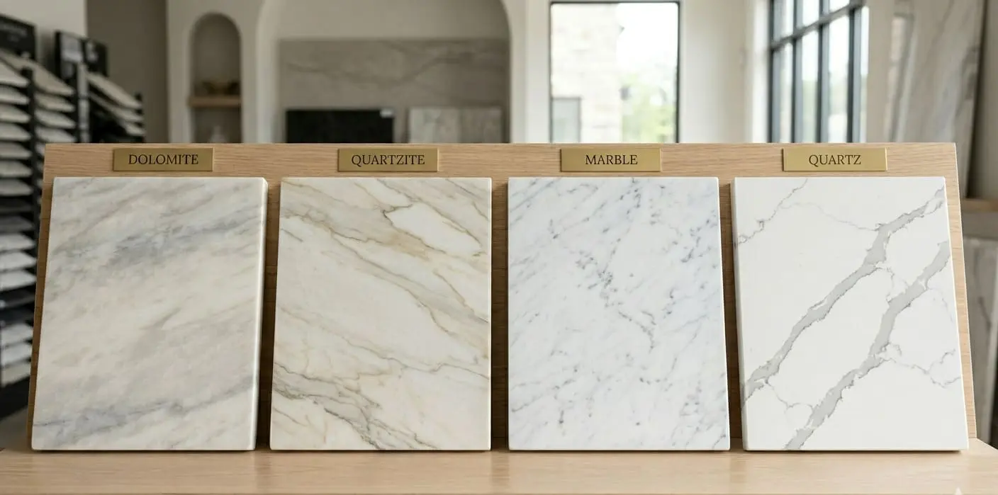 Conceptual rendering of dolomite, quartzite, marble, and quartz slab samples displayed on a showroom stand