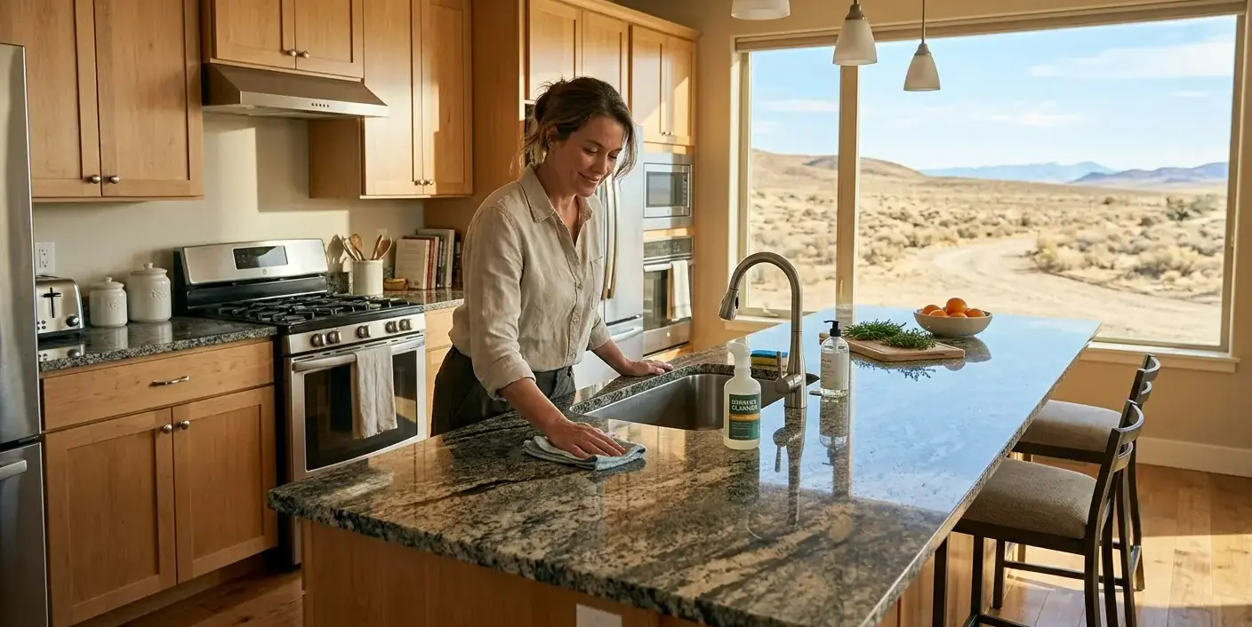 Conceptual rendering of a woman wiping down a granite kitchen island with a soft cloth and stone cleaner