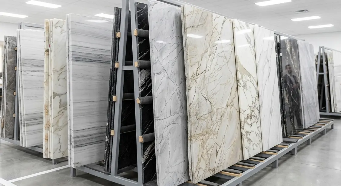Matte Marble Slabs Displayed at Nova Tile and Stone Showroom