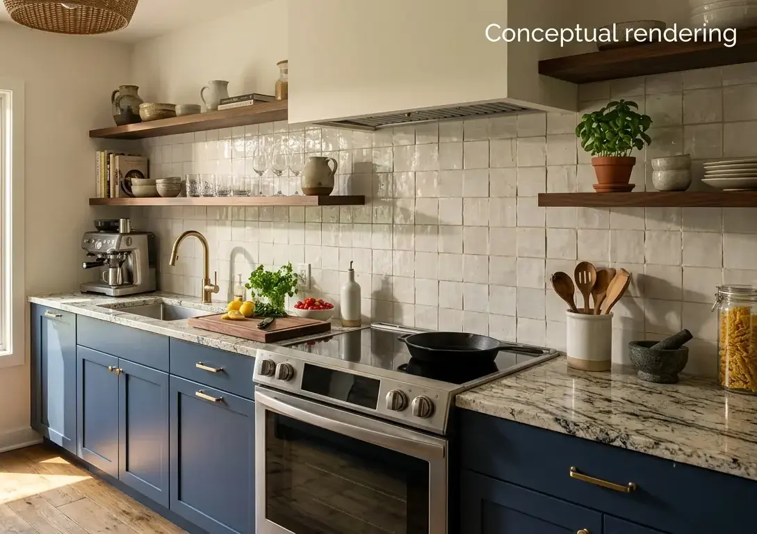 Conceptual rendering of a textured tile kitchen backsplash paired with a veined granite slab counter