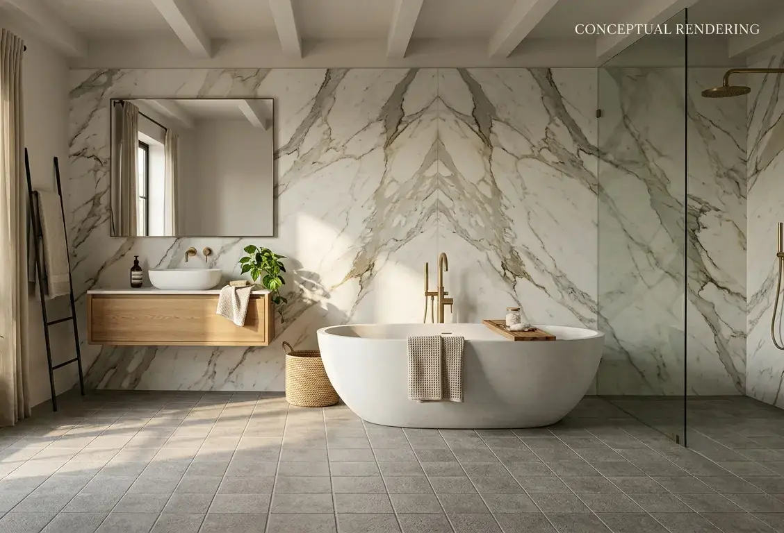 Conceptual rendering of a bathroom floor in textured tile with a marble slab accent wall