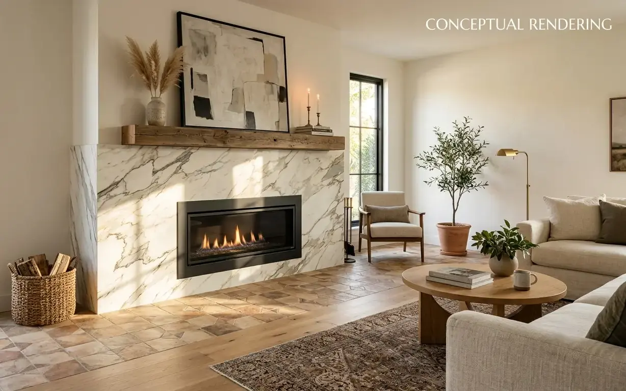 Conceptual rendering of a fireplace surround in veined dolomite slab beside a textured tile hearth floor