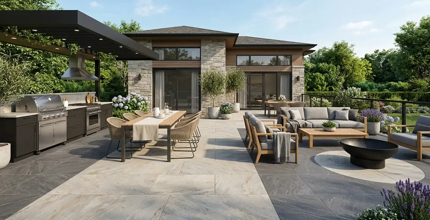 Conceptual rendering of a patio in full-sun quartzite slab paired with textured porcelain tile edging