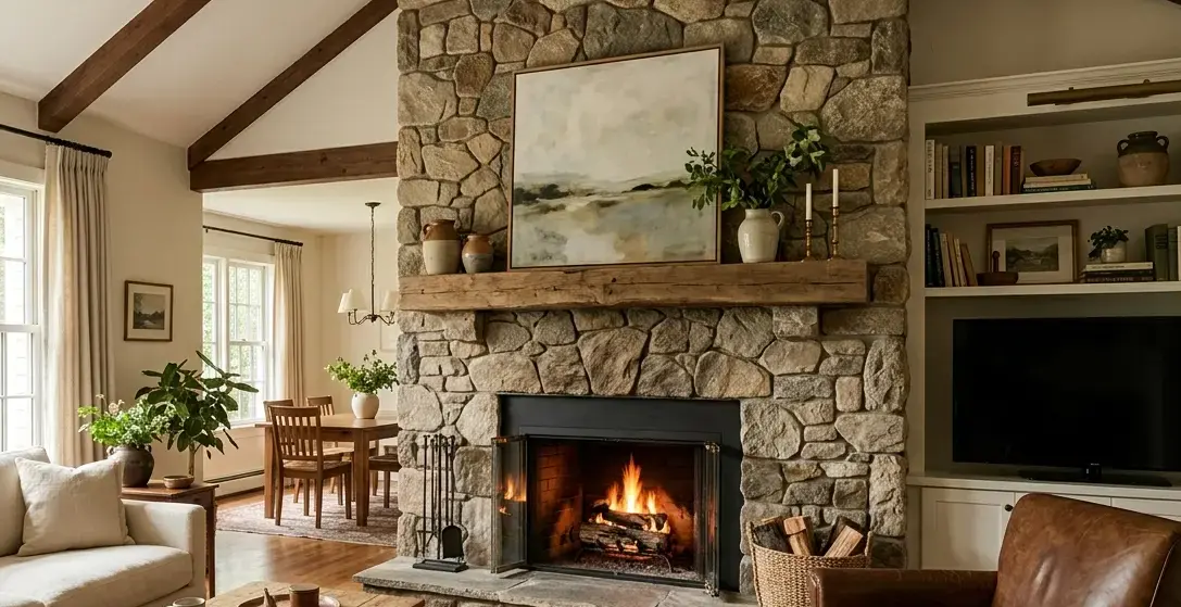 Conceptual rendering of a natural stone slab fireplace surround in a Wadsworth living room