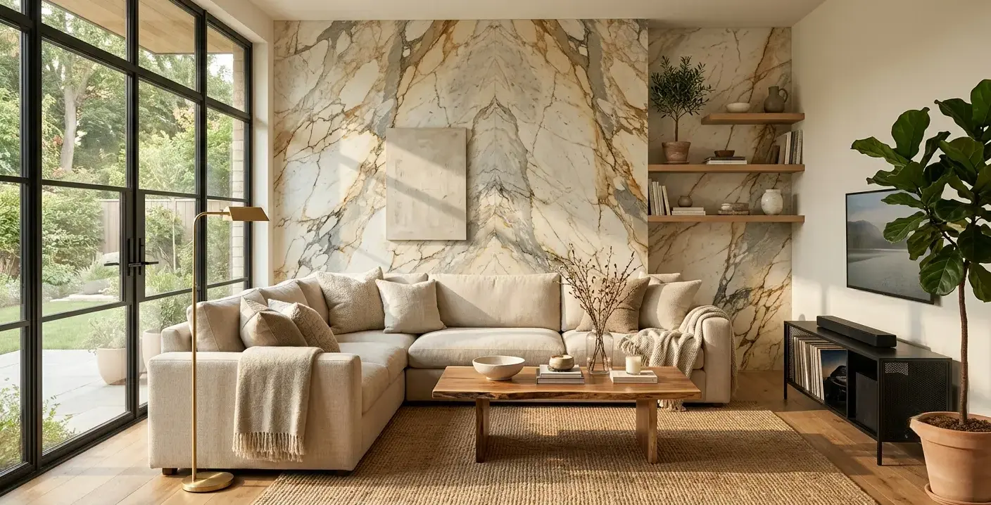 Conceptual rendering of a natural stone slab accent wall behind a living room sofa