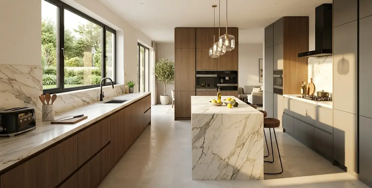 Conceptual rendering of a kitchen countertop in large-format slabs paired with modern cabinetry