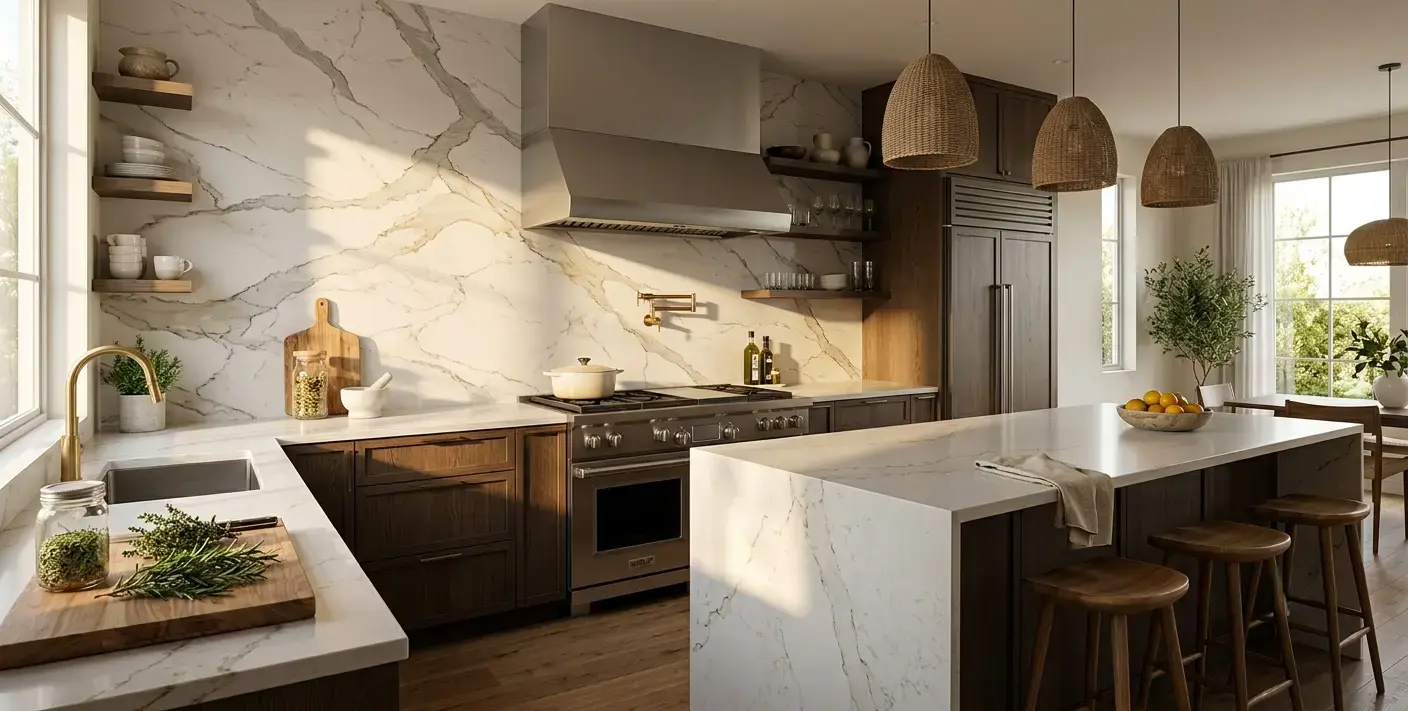 Conceptual rendering of a kitchen backsplash using large-format slabs for continuous veining