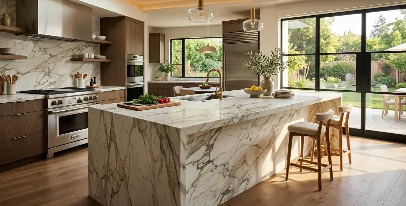 Conceptual rendering of a kitchen island built from large-format slabs with a waterfall edge