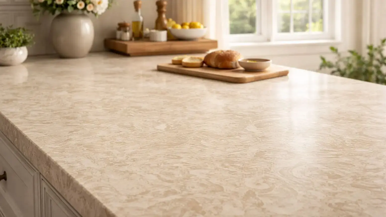 Conceptual rendering of a polished cream quartz kitchen island countertop